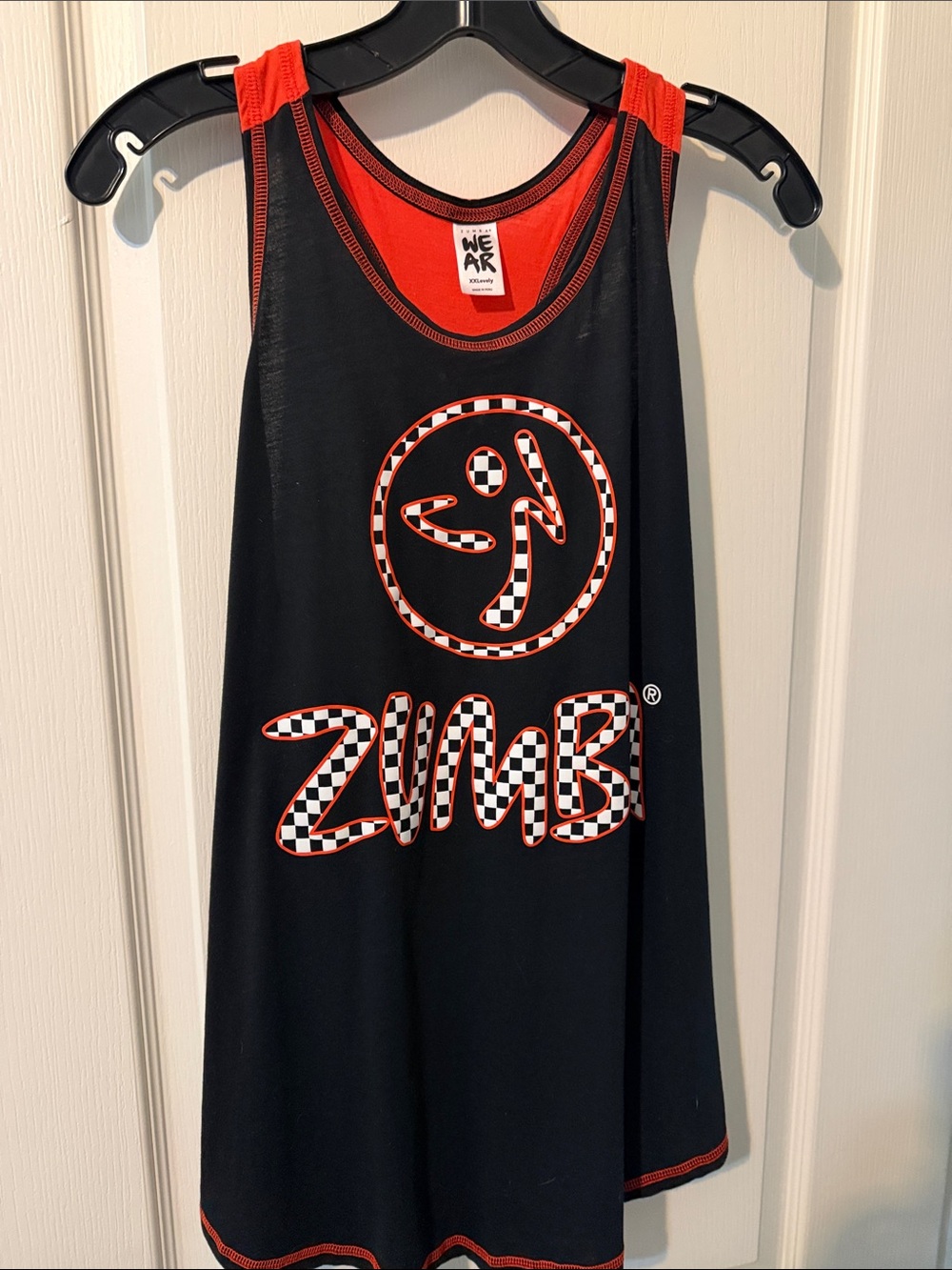 Zumba Fitness Black Tank Top with Red Trim and Checkerboard Logo